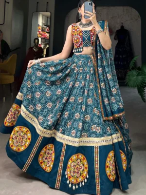 Traditional Gujarati Mirror Work Lehenga Choli in Teal Blue