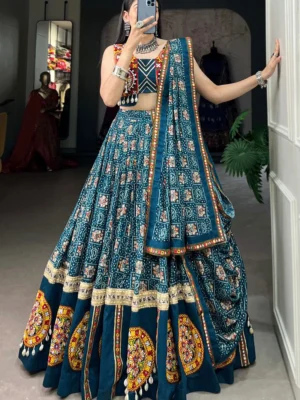 Traditional Gujarati Mirror Work Lehenga Choli in Teal Blue