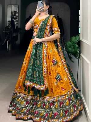 Mustard Yellow and Green Embroidered Lehenga with Classic Rajasthani Motifs