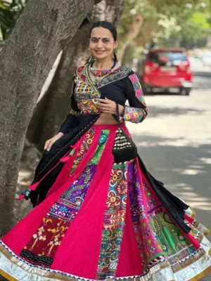 Black and Multicolor Fusion Navratri Lehenga with Mirror and Patchwork Details