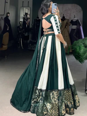 Emerald Green and Ivory Graceful Lehenga with Ethnic Print Borders