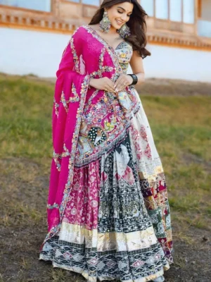Festive Multi-Colored Patchwork Lehenga with Pink Dupatta