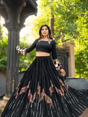 Elegant Black Navratri Anarkali with Vibrant Kutchi Embroidery