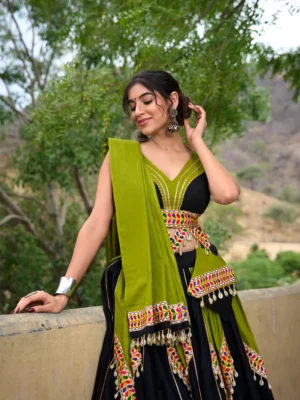 Olive Green and Black Lehenga with Colorful Border